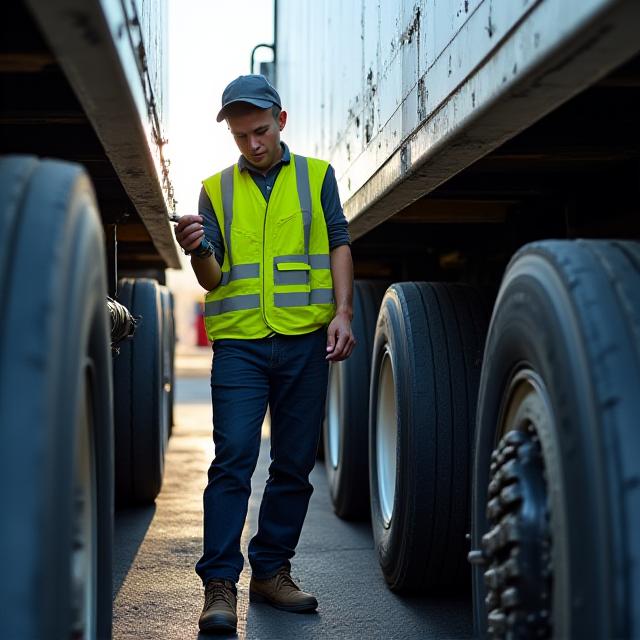 Professional truck driver performing safety inspection on a semi truck