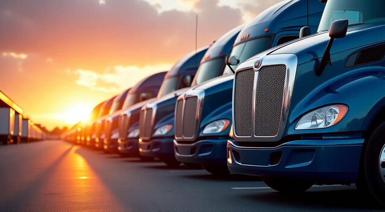 Heavy duty commercial trucking fleet lined up at sunset