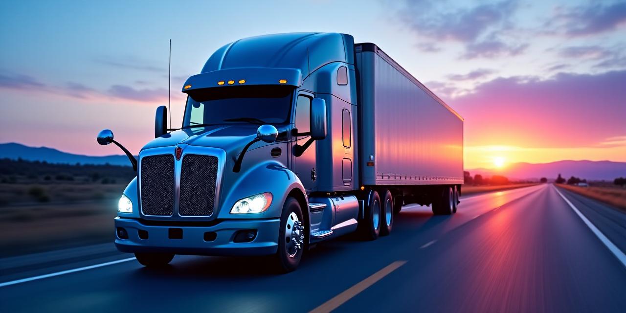 Modern trucking fleet on the move during dusk with cinematic lighting